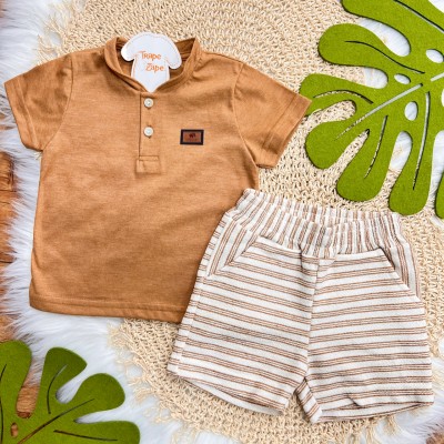  Conj. Camiseta Gola Henley e Bermuda em Linho - Ferrugem